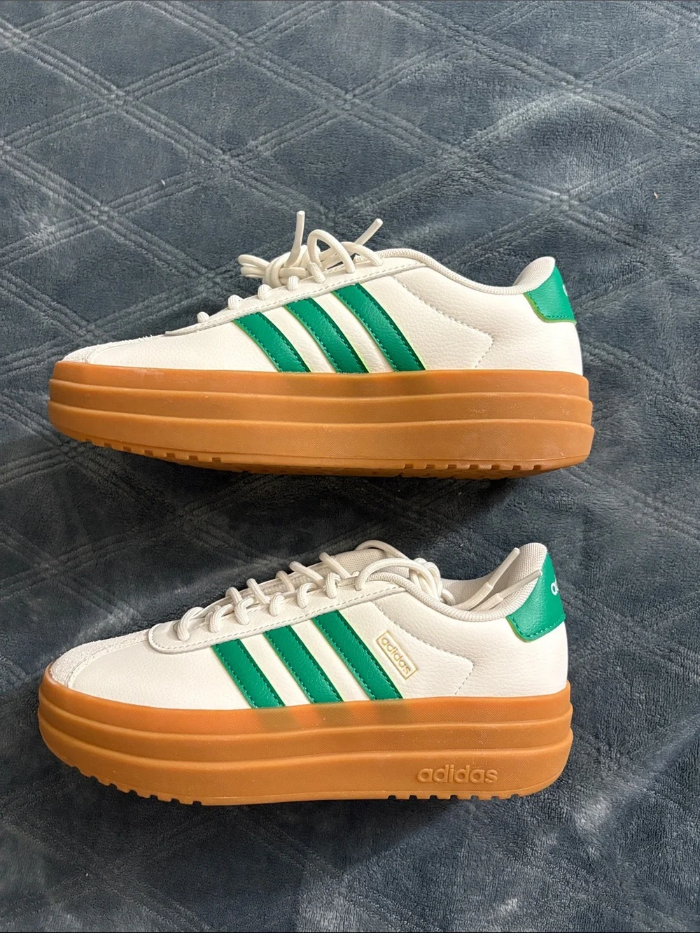 adidas Women’s White Sneakers with Green Stripes and Gum Platform Sole